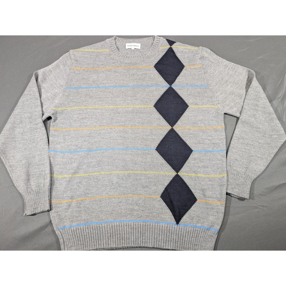 Paolo Valenzi Italy Mens XXL Grey Argyle Stripe Wool Blend Crewneck Sweater
